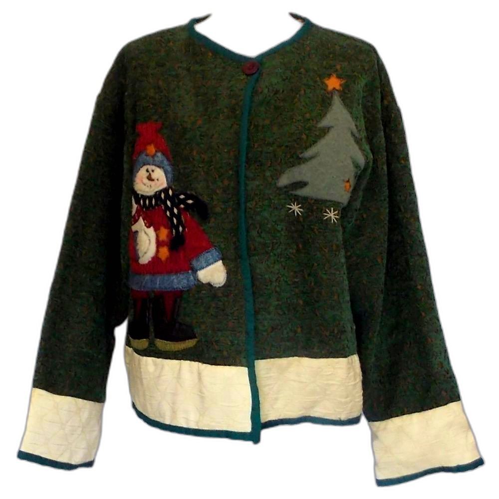 Christmas Applique Jacket Womens Large Woodland Holiday Snowman Tree Cottagecore